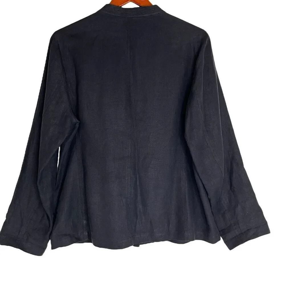 Eileen Fisher Womens Linen Mandarin Collar Button Front Coat Navy Blue Medium - Picture 12 of 15